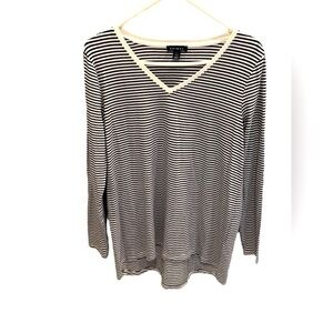 Tribal Bordeaux Ribbed Striped V-neck Long Sleeve Top Black White Small